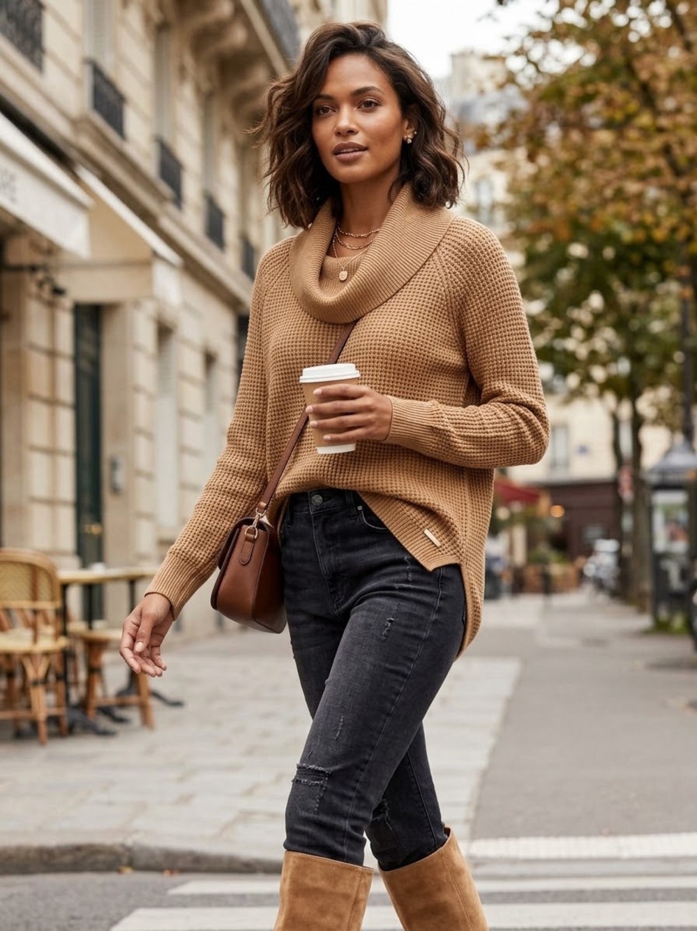 Michael Kors Camel Cowl-Neck Waffle Knit Sweater